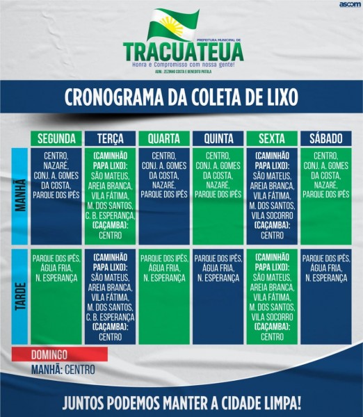 Prefeitura Municipal divulga o cronograma da coleta dos resíduos